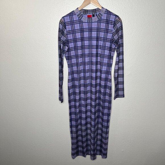 Hugo Boss Nasusi Womens Purple Stretch Mesh Plaid Long Sleeve Midi Dress XL - Picture 2 of 14